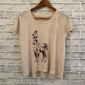 Women’s Hi-Line llama cream colored 100% linen short sleeve shirt Medium